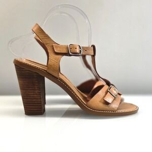 Madewell Sandals Heels 7 Cognac Brown Leather Strappy‎ Block Heel Buckle Boho
